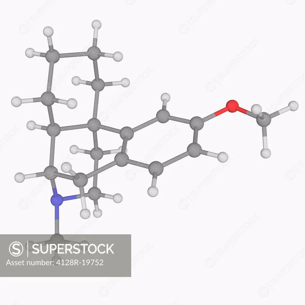 Dextromethorphan, molecular model. Antitussive drug. Atoms are represented as spheres and are colour_coded: carbon grey, hydrogen white, nitrogen blue...