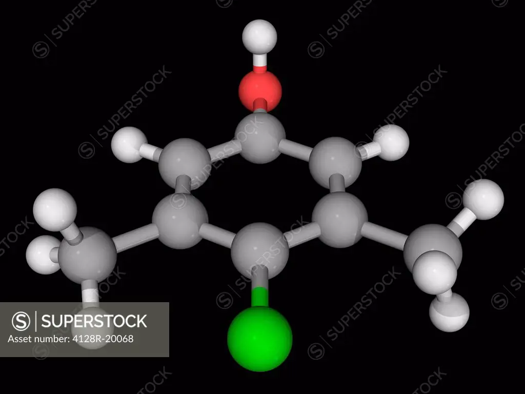 Chloroxylenol, molecular model. Antimicrobial compound used to control bacteria, algae and fungi .Atoms are represented as spheres and are colour_code...