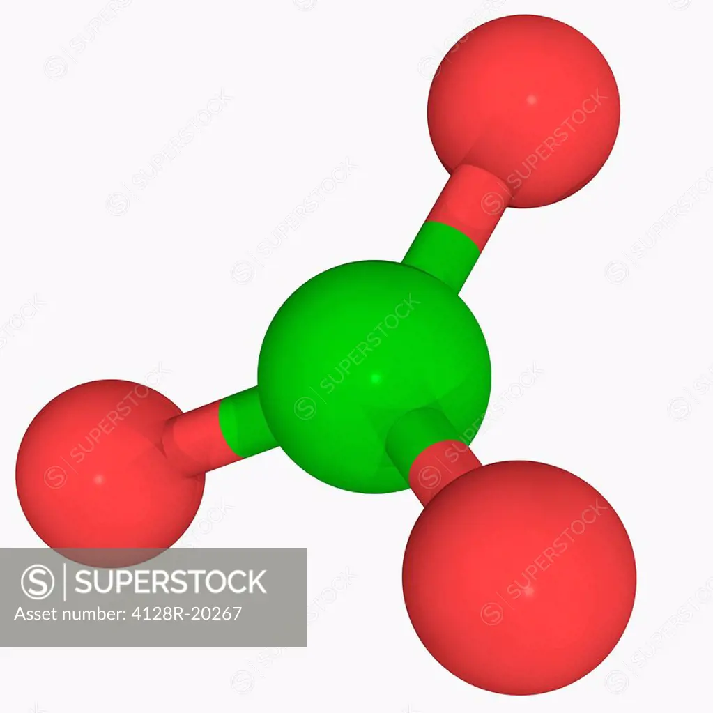 Clorate ion, molecular model. Powerful oxidizer with trigonal pyramidal structure. Atoms are represented as spheres and are colour_coded: oxygen red a...