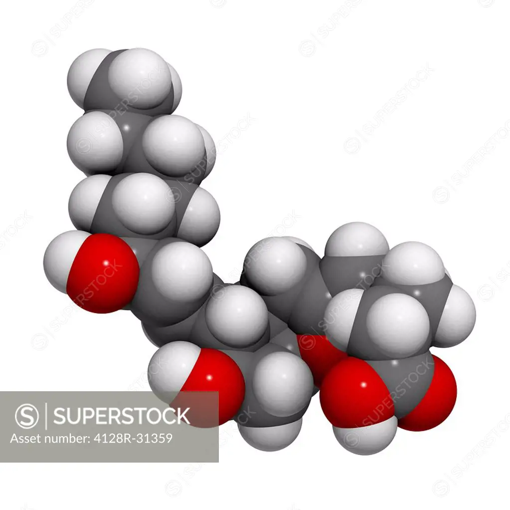 Prostaglandin I2 (PGI2, epoprostenol) pulmonary hypertension drug, molecular model. PGI2 is an eicosanoid drug that inhibits platelet activation and c...