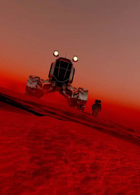 Astronaut and vehicle on the surface of mars, computer artwork.