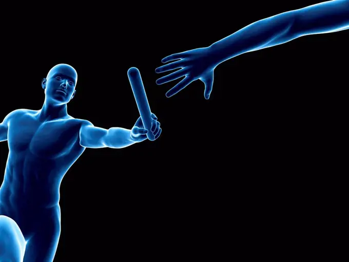 Person passing a relay baton, computer artwork.