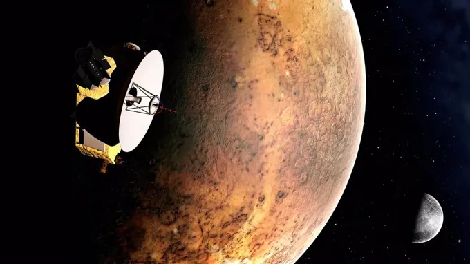 New Horizons spacecraft at Pluto, artwork. New Horizons launched from Earth on 19 January 2006 and will arrive at Pluto in July 2015. It will spend 15...