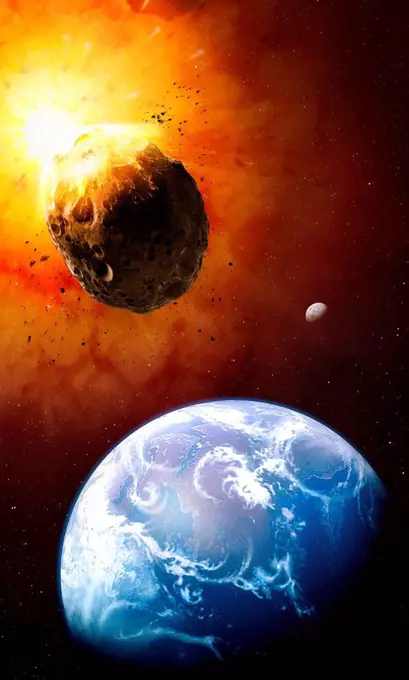 Deflecting a near-Earth asteroid. Computer illustration of a nuclear bomb being detonated in space in order to alter the path of an asteroid to preven...