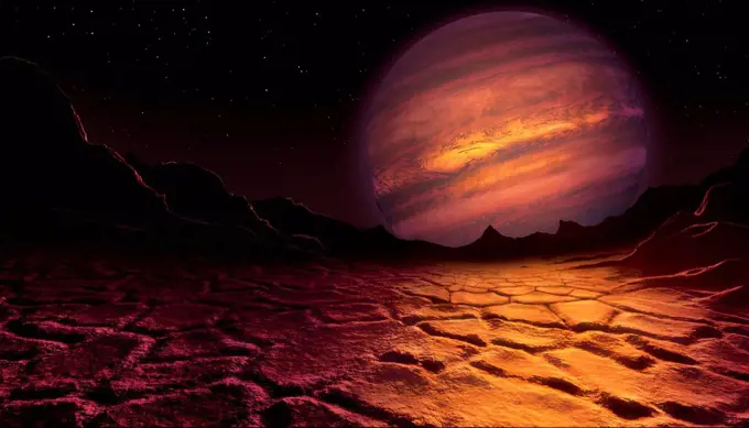 Artwork of a brown dwarf seen from a nearby planet. A brown dwarf is an object which began to accumulate material like a star but which never collecte...