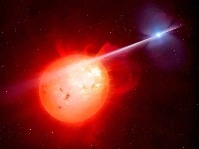 AR Sco is a curious interacting binary star, depicted in this artist's impression. The system consists of a red dwarf (left), distorted in shape due t...