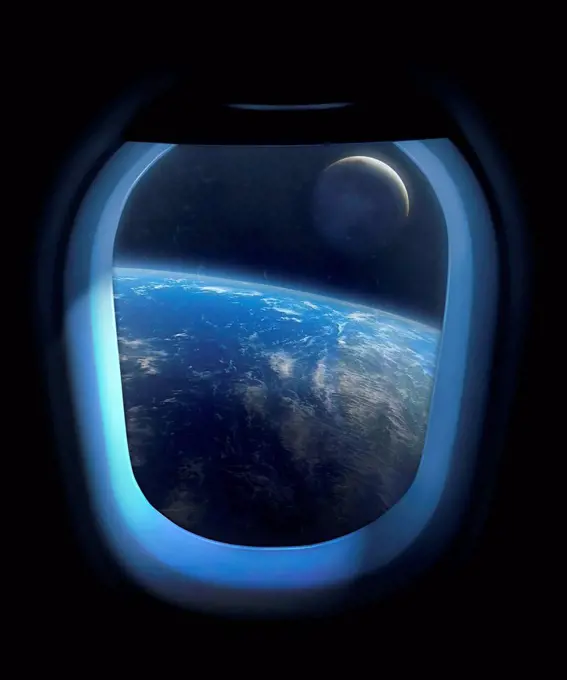 Artwork showing the Earth and Moon from the window of a space vehicle, sometime in the future. The view shows the lunar far side directly beneath us, ...