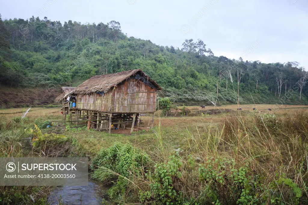 Traditional houses and fields created by deforestation of forest. Doi Pha Hom Pok National Park. Thailand.