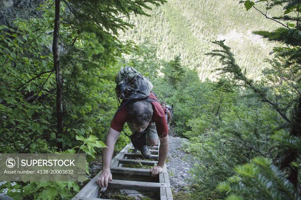 Hikers climbing a trail ladder along Six Husbands Trail in the White Mountains, New Hampshire USA during the summer months