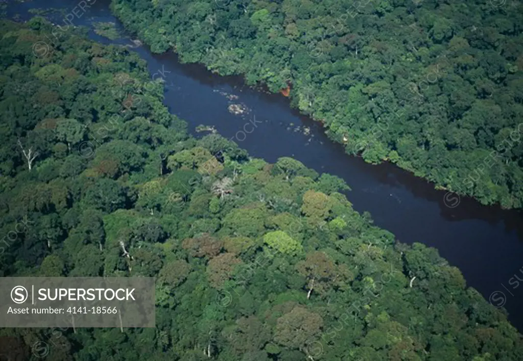 tropical rainforest & river aerial view of ogooue river, booue, gabon, western africa 