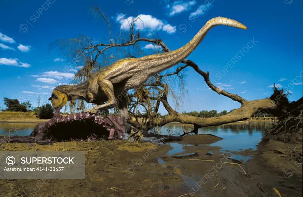 carnotaurus sastrei a meat-eating theropod from the cretaceous period, feeding on a sauropod carcass on a muddy river bank in what is today patagonia.