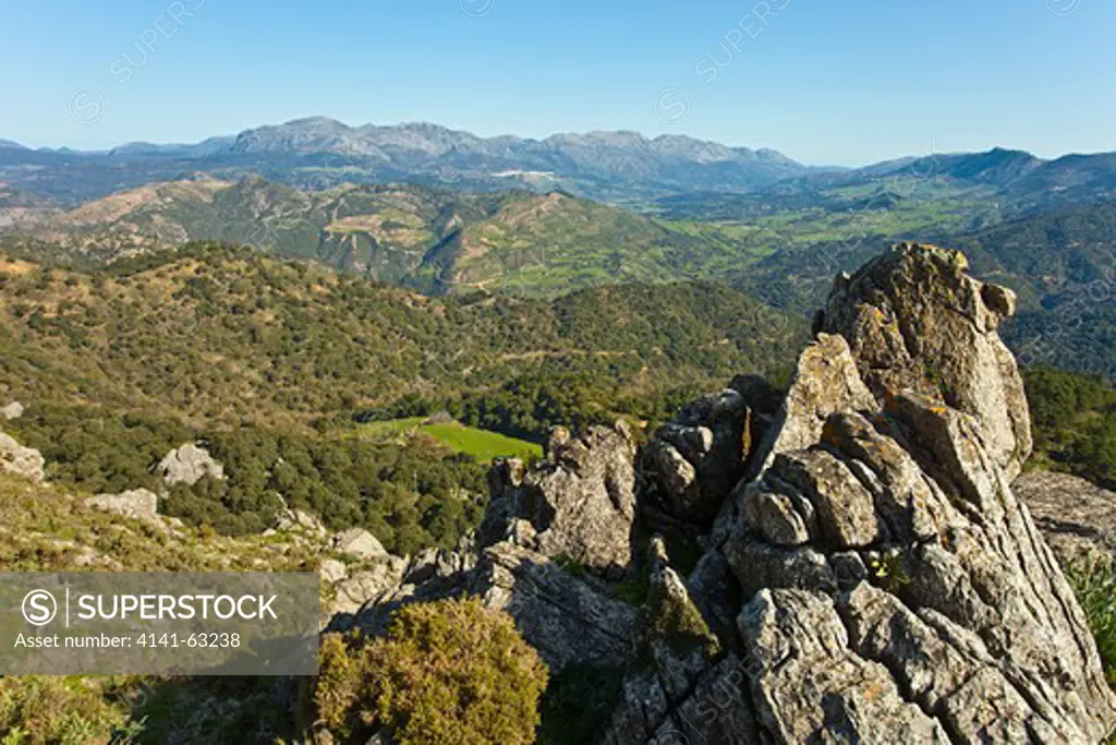 Alcornocales National Park,  (In Spanish, Parque Natural Los Alcornocales),  View From Gaucin Towards Ubrique And The Sierras Of Ronda.  Andalucia, Spain, April