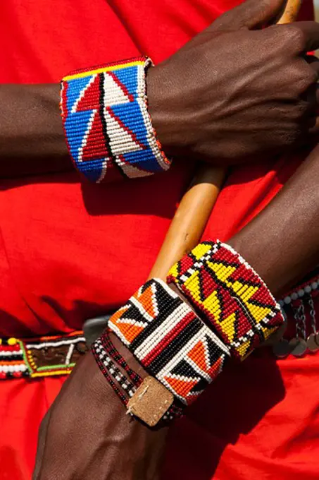 beaded braclets worn by masai warrior, a moran, kenya.