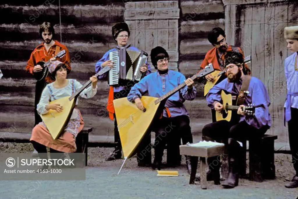 USA, ALASKA, KODIAK ISLAND LOCAL PRODUCTION, ""CRY OF THE WILD RAM"" MUSCIANS, WITH BALALAIKAS, ETC.