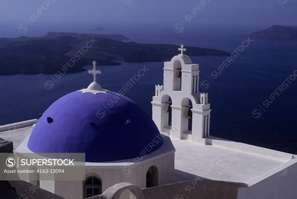 GREECE, SANTORINI, PHIRA, CHURCH WITH BELL TOWER