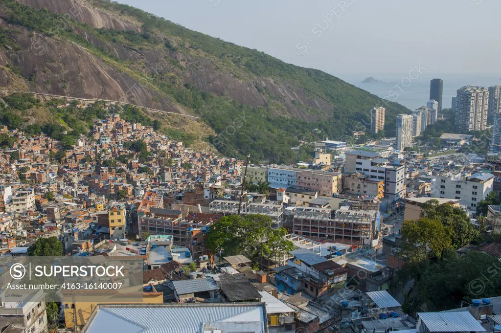 Overview of the Rocinha favela, the largest favela in Brazil, in Rio de Janeiro, Brazil.