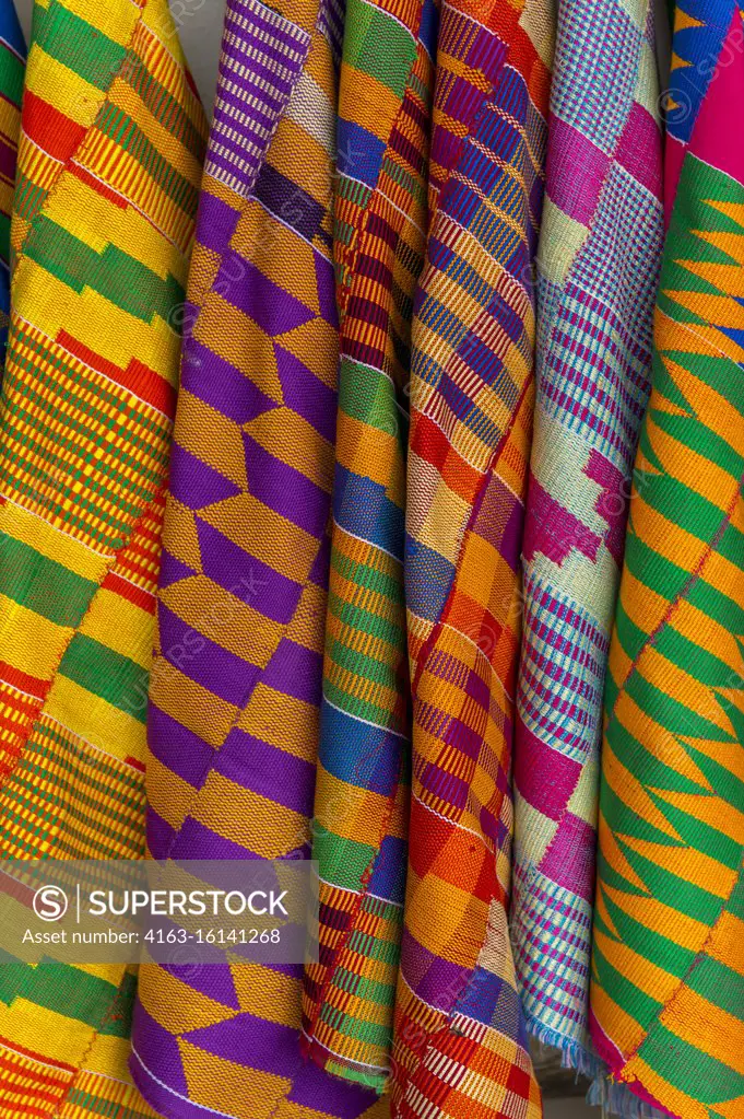 Colorful fabrics on the arts and crafts market in Accra the capital and largest city of Ghana.