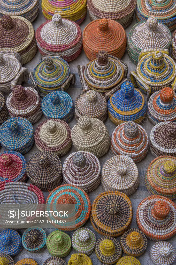 Woven souvenir baskets on an art market in Banjul, The Gambia.