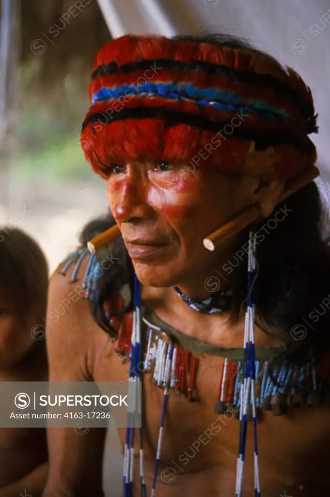 AMAZON RIVER, PORTRAIT OF JIVARO INDIAN, WITH MACAW FEATHER HEADDRESS