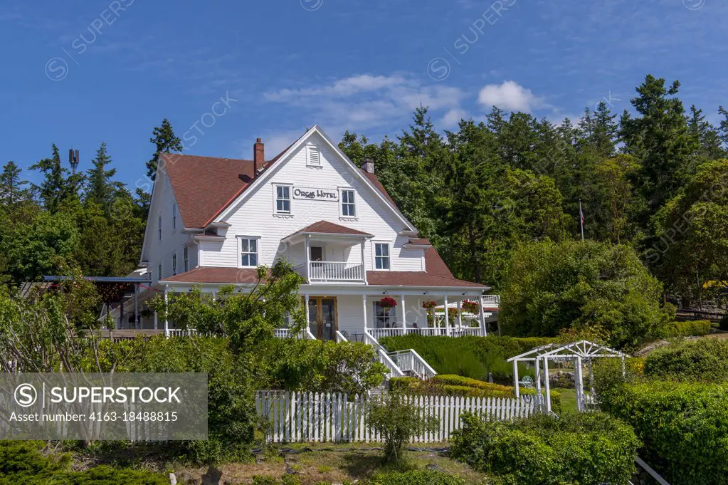 The Orcas Hotel, a historic inn and cafe built 1904, in Orcas Village on Orcas Island in the San Juan Islands in Washington State, United States.