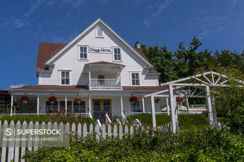 The Orcas Hotel, a historic inn and cafe built 1904, in Orcas Village on Orcas Island in the San Juan Islands in Washington State, United States.