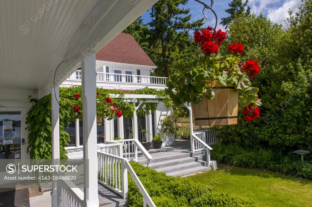 The Orcas Hotel, a historic inn and cafe built 1904, in Orcas Village on Orcas Island in the San Juan Islands in Washington State, United States.