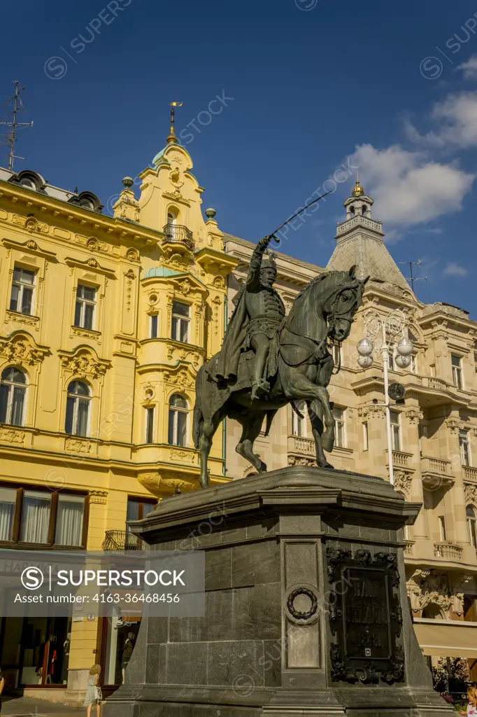 The equestrian statue of Ban Jelacic (a noted army general, remembered for his military campaigns during the Revolutions of 1848 and for his abolition of serfdom in Croatia) on the Ban Jelacic Square in downtown Zagreb, Croatia.