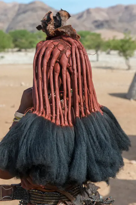 The Himba women have a unique hairstyle hat are complicated and require hours of preparation which involves braiding her hair and covering it in an unusual mixture of butter and ochre, such as here in a Himba settlement in the Damaraland of northwestern Namibia.