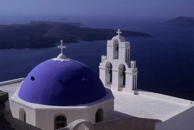 GREECE, SANTORINI, PHIRA, CHURCH WITH BELL TOWER