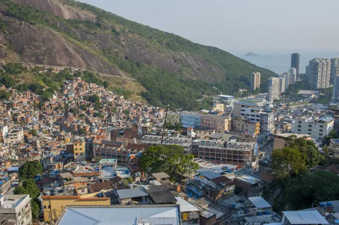 Overview of the Rocinha favela, the largest favela in Brazil, in Rio de Janeiro, Brazil.