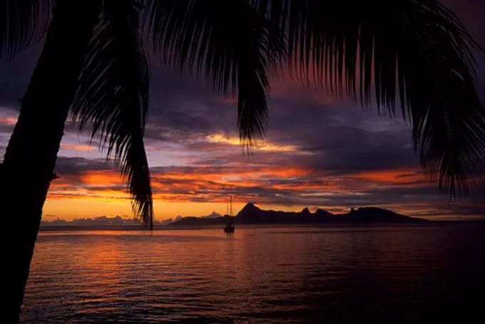 FRENCH POLYNESIA, SOCIETY ISLANDS, TAHITI, VIEW OF MOREA, SUNSET, SAILBOAT