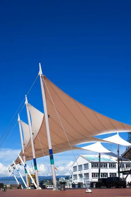 NEW ZEALAND, WELLINGTON, WATERFRONT, QUEENS WHARF, SAILS