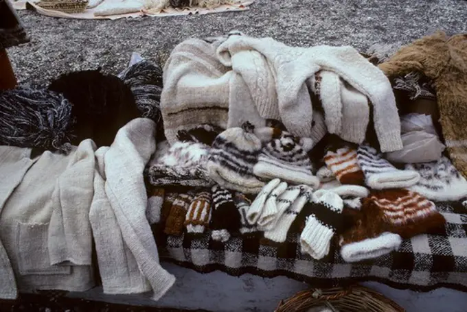 CHILE, (SOUTHERN CHILE) CHILOE ISLAND, DALCAHUE, LOCAL MARKET, HAND-MADE WOOLENS