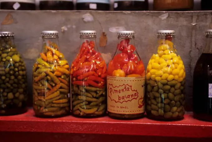 BRAZIL, SALVADOR DE BAHIA, MODELO MARKET, PICKLED CHILI PEPPERS