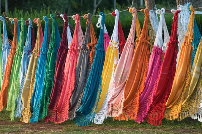 BRAZIL, IGUASSU, COLORFUL HAMMOCKS