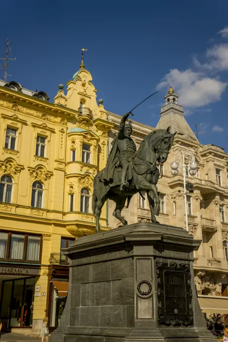 The equestrian statue of Ban Jelacic (a noted army general, remembered for his military campaigns during the Revolutions of 1848 and for his abolition of serfdom in Croatia) on the Ban Jelacic Square in downtown Zagreb, Croatia.