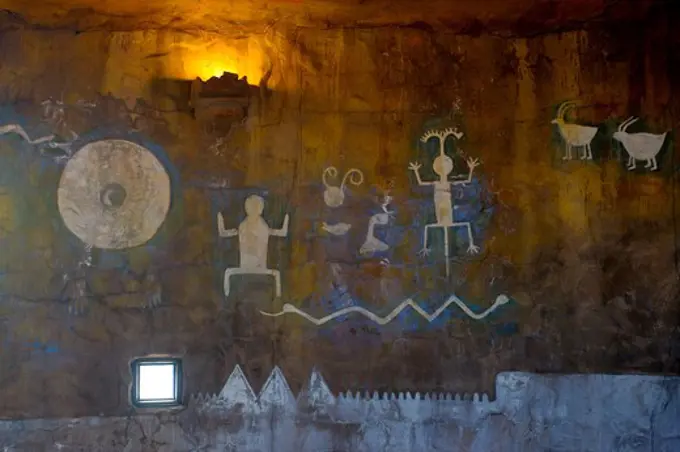 USA, ARIZONA, GRAND CANYON NATIONAL PARK, DESERT VIEW, WATCHTOWER BUILT BY ARCHITECT MARY COLTER, INTERIOR WITH HOPI PICTOGRAPHS