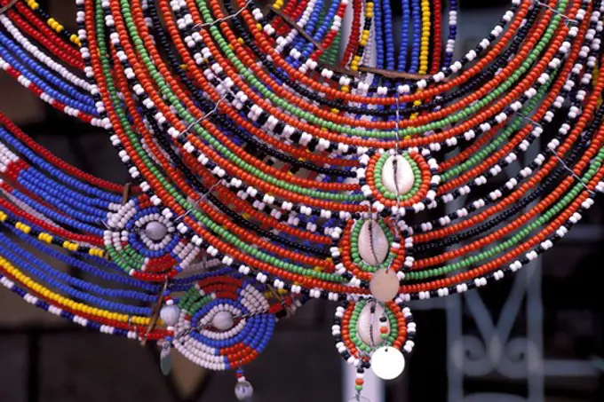 KENYA, NAMANGA, TOURIST REST STOP, MASAI SOUVENIERS, NECKLACES, DETAIL