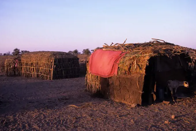 KENYA, AMBOSELI, MASAI VILLAGE, TRADITIONAL HUTS