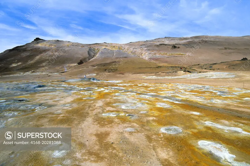 ICELAND, MYVATN LAKE AREA, NAMASKARD VOLCANIC AREA, BOILING MUD POOLS, SULFUR DEPOSITS