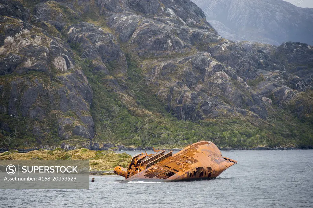 View of the USS Riverside (APA-102) shipwreck from 31 March 1968 in the Smyth Channel on Isabel Island in the Chilean Fjords in southern Chile.