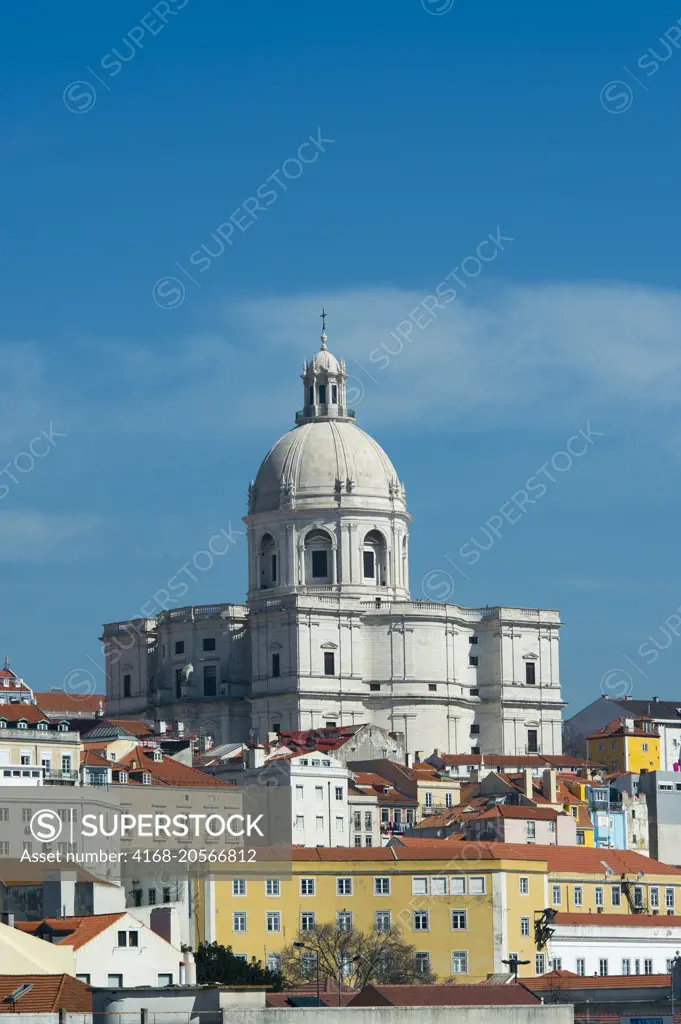 View from the Tagus River of Lisbon, the capital city of Portugal with the old city Alfama and the Church of Santa Engracia.