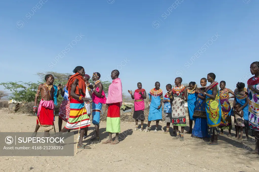 Samburu Tribes people dancing in a Samburu village near Samburu National Reserve in Kenya.