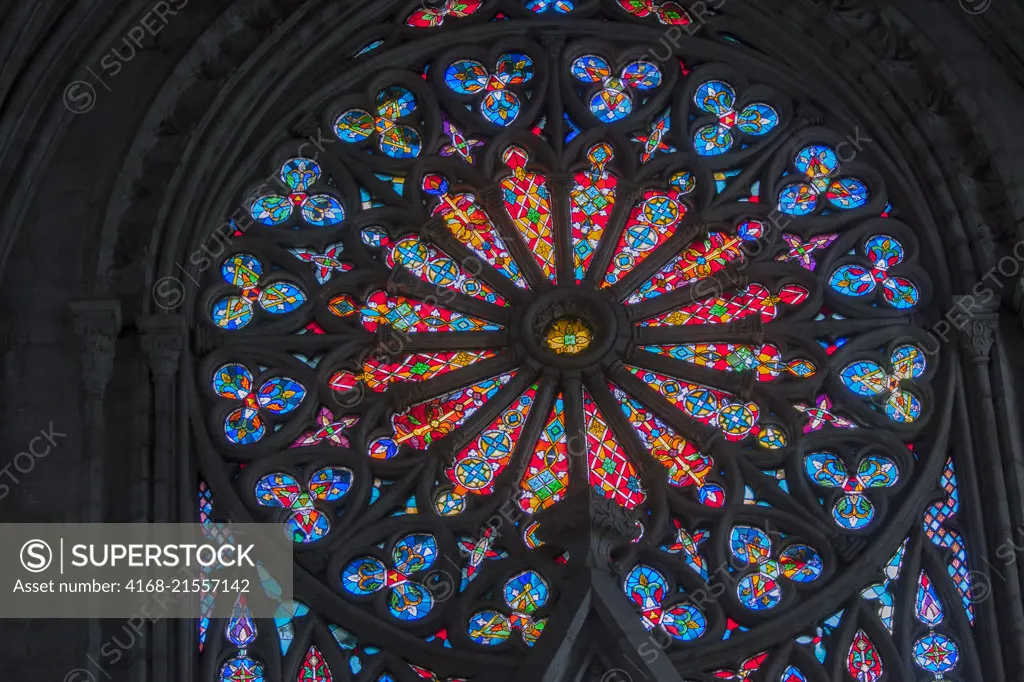 Stained glass window of the Basilica of the National Vow, a Roman Catholic church located in the historic center of Quito, Ecuador.