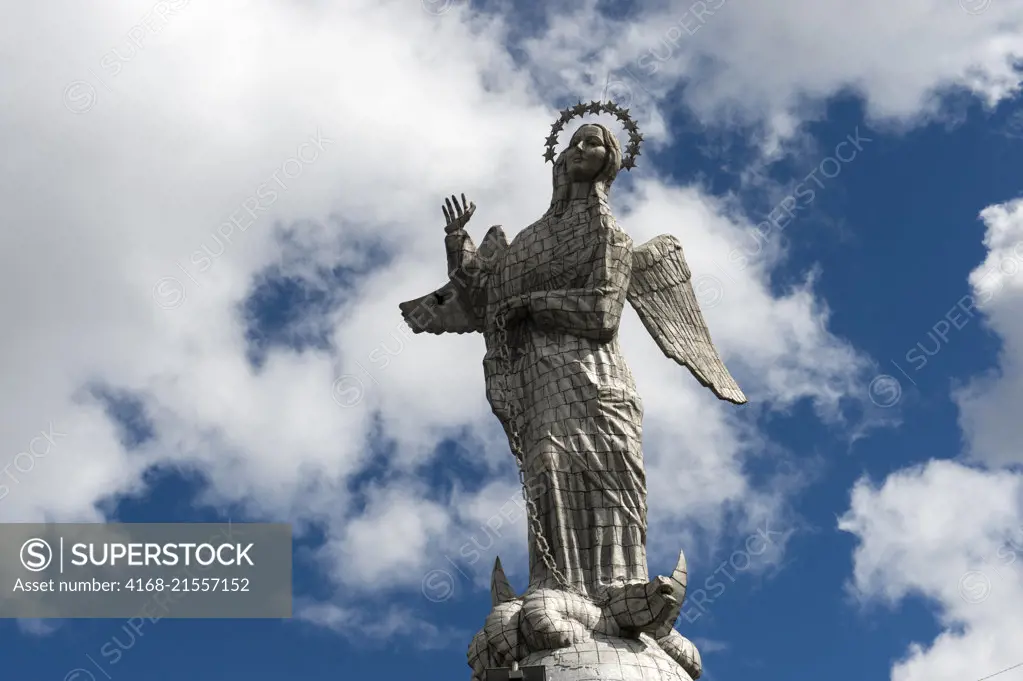 A giant statue of the Virgin of the Americas on Panecillo hill in Quito, Ecuador.