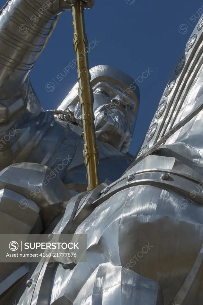 Close-up of the Genghis Khan Equestrian Statue (130 feet tall), which are part of the Genghis Khan Statue Complex on the bank of the Tuul River at Tsonjin Boldog, 33 miles east of Ulaanbaatar in Mongolia.