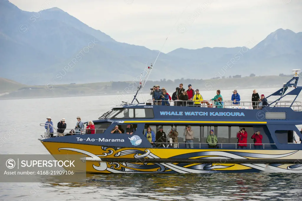 Tourists on a whale watching boat off the coast of Kaikoura on the South Island in New Zealand.