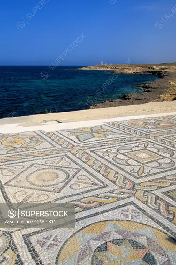 Libya, Az Zawiyah District, Sabratha, Mosaic in Seaward Bath with Temple of Isis in background