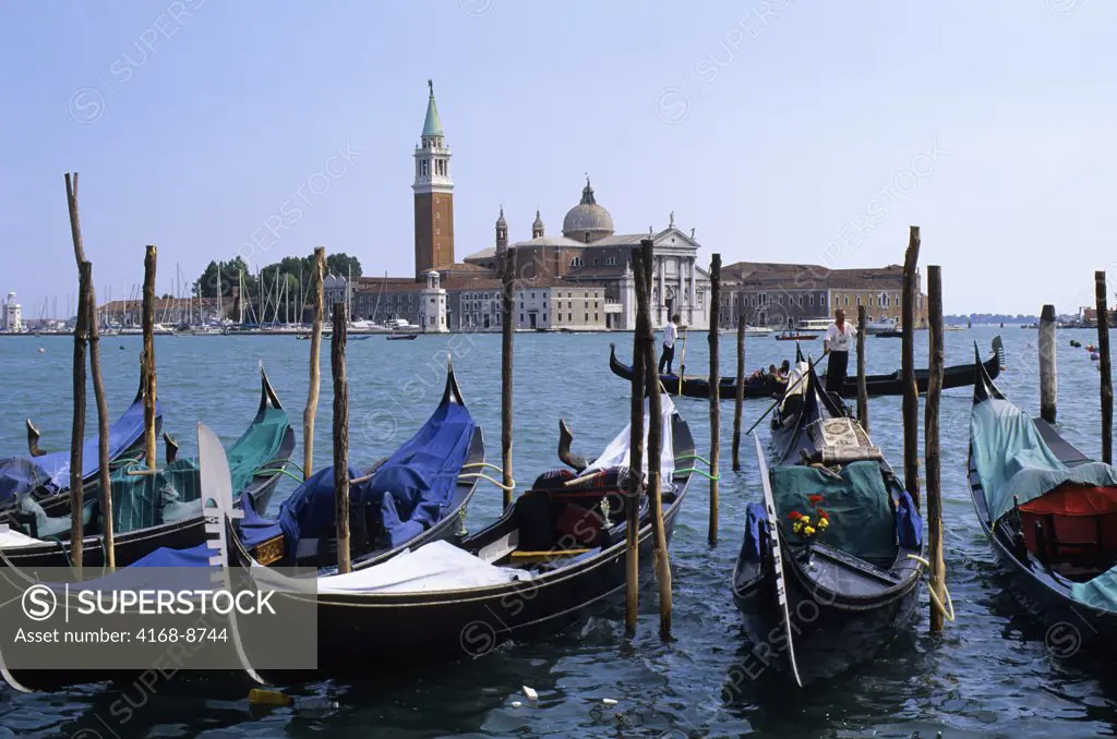 Italy, Venice, Giudecca Canal, Gondolas with San Giorgio Maggiore in background