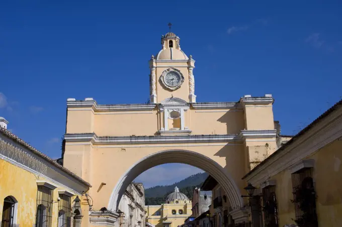 Guatemala, Highlands, Antigua, Street Scen With Santa Catalina Arch